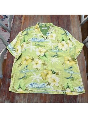 Tommy Bahama XXL Green 100% Silk Hibiscus Hawaiian Camp Shirt Tropical Palm Tree